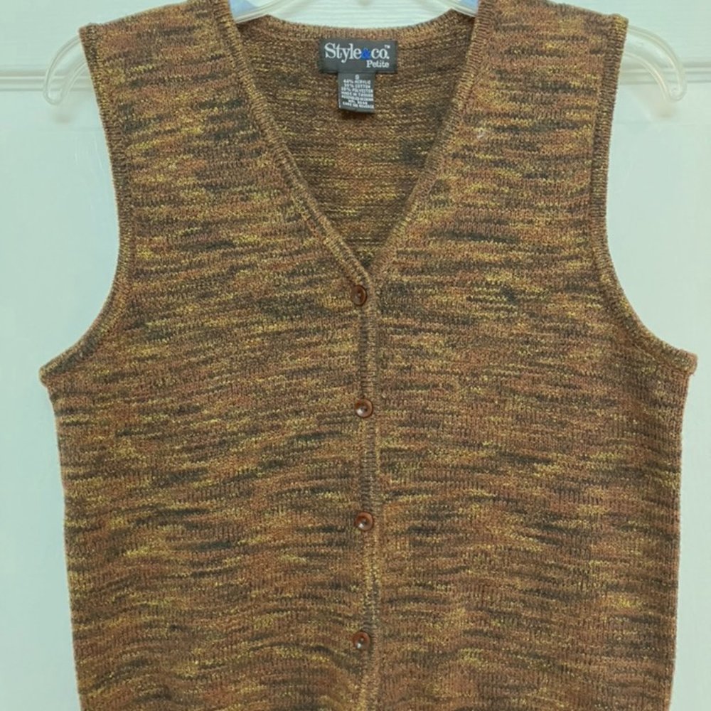 Tweedy Brown Knit Sweater Vest. Button, V-Neck, Sleeveless. Size. Petite/Small